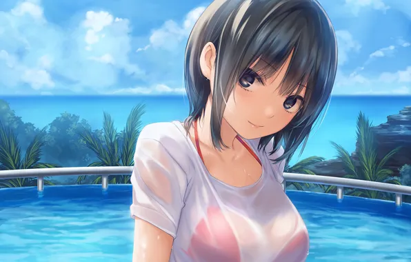 Girl, sexy, pool, sea, boobs, anime, beautiful, short hair
