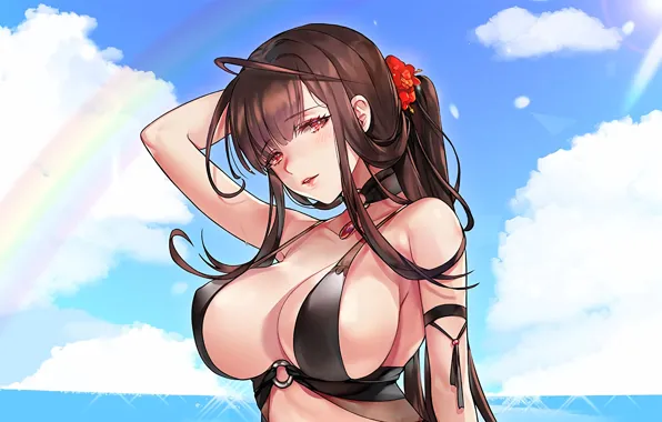 Girl, sexy, cleavage, long hair, boobs, anime, beautiful, red eyes