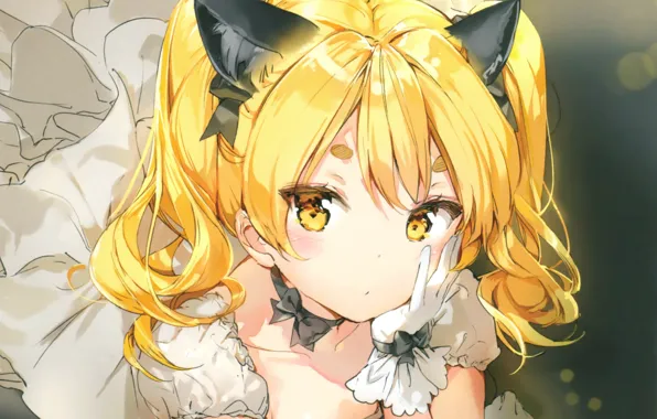 Девочка, белое платье, желтые волосы, houkago no pleiades, hikaru, чокер, кошачие ушки, by Anmi