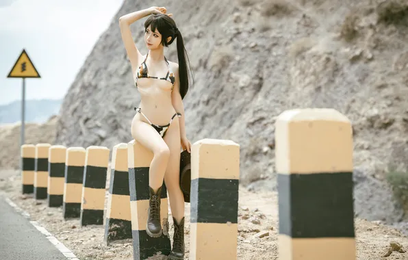 Asian, twintails, model, women, boots, cowgirl, women outdoors, cowboy hats