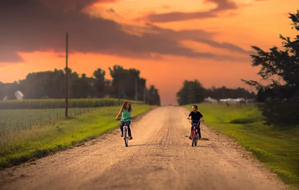Картинка дорога, мальчик, девочка, велосипеды