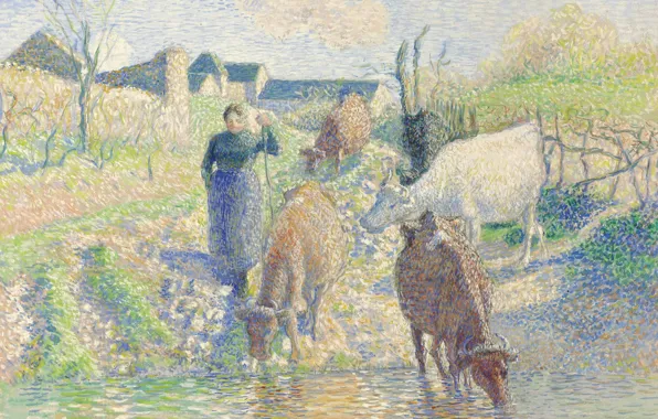 Картина, жанровая, пуантилизм, Камиль Писсарро, Коровы на Водопое. Они