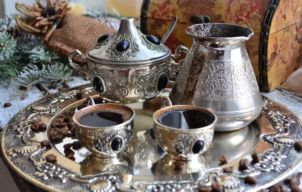 Кофе, зерна, напиток, сервиз