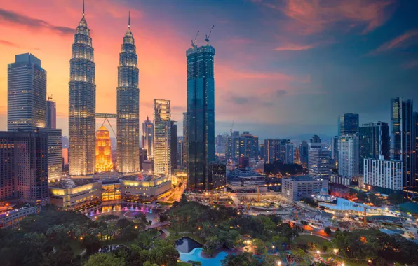Ночь, небоскребы, панорама, Малайзия, Куала Лумпур