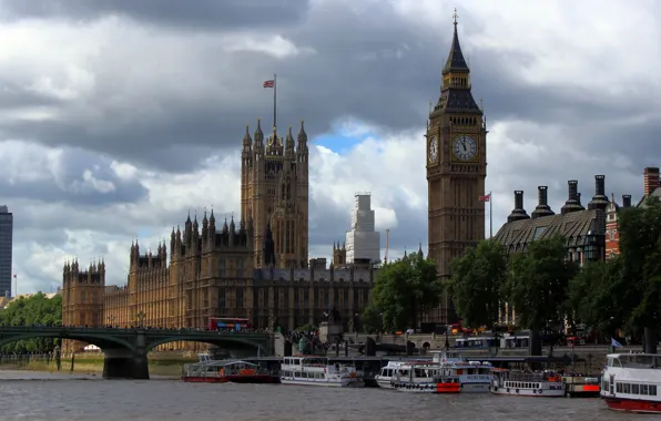 Картинка Англия, Лондон, Биг-Бен, набережная, часовая башня, река Темза, прогулочные пароходы, Вестминстерский мост