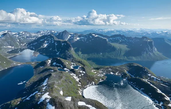 Облака, Горы, Озеро, Норвегия, Сверху, Senja