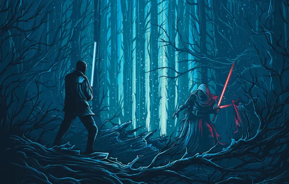 Картинка лес, фантастика, вектор, арт, мечи, схватка, Finn, Star Wars: The Force Awakens