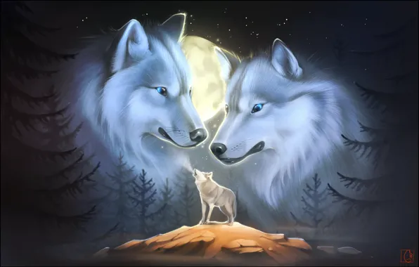 Картинка волки, вой, ночь, арт, животные