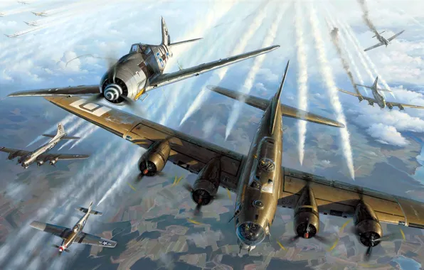 Картинка Boeing, B-17, Fw 190, Focke-Wulf, Flying Fortress, одномоторный поршневой истребитель-моноплан, тяжёлый четырёхмоторный бомбардировщик