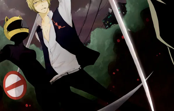 Ночь, костюм, зомби, шлем, красные глаза, дорожный знак, Shizuo Heiwajima, Selty Sturluson