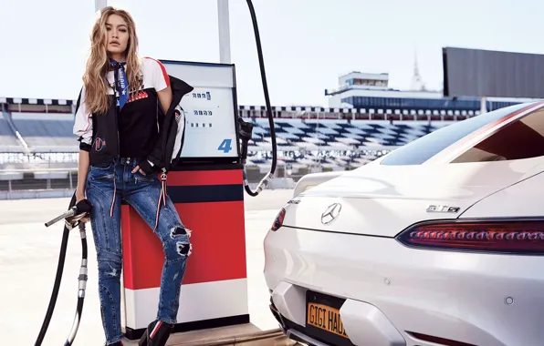 Авто, девушка, поза, модель, мерседес, Gigi Hadid, Tommy Hilfiger
