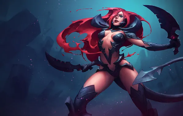 Девушка, стойка, League of Legends, Katarina, красные волосы, Лига Легенд