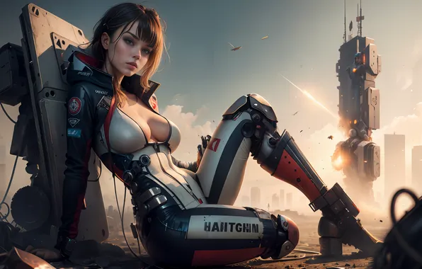 Cleavage, long hair, sunset, science fiction, clouds, big boobs, neckline, looking at viewer