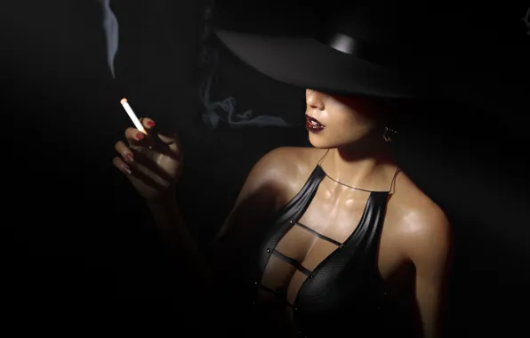 Картинка девушка, рендеринг, дым, шляпа, черное, сигарета, черный фон