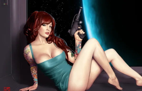 Картинка девушка, космос, оружие, платье, арт, татуировки, Babe in space, бластер