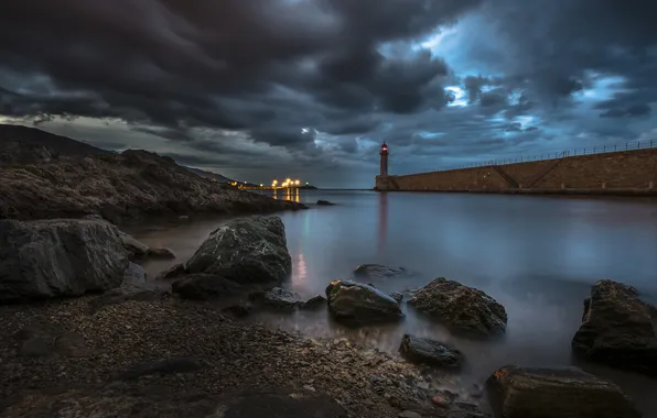 Картинка море, ночь, маяк