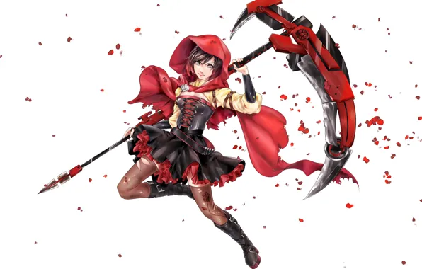 Девушка, оружие, лепестки, белый фон, коса, RWBY