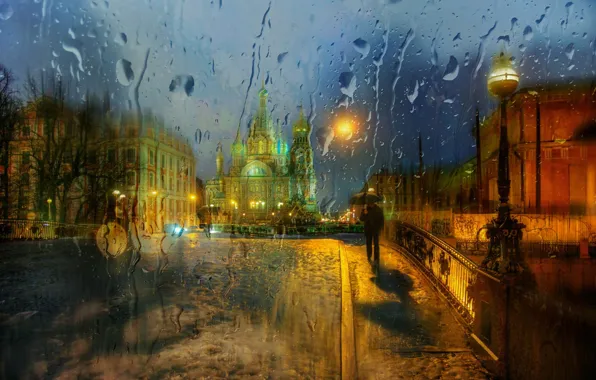 Стекло, капли, город, дождь, Санкт Петербург