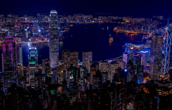 Ночь, город, огни, Гонконг, Китай, КНР