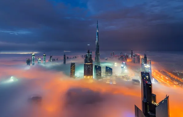 Облака, город, огни, туман, вечер, Дубай, ОАЭ