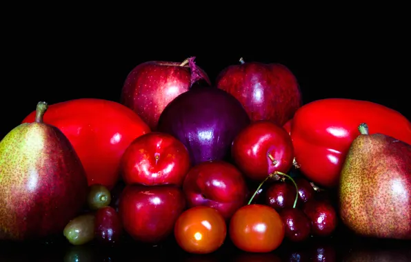 Вишня, яблоко, лук, фрукты, овощи, томат, слива