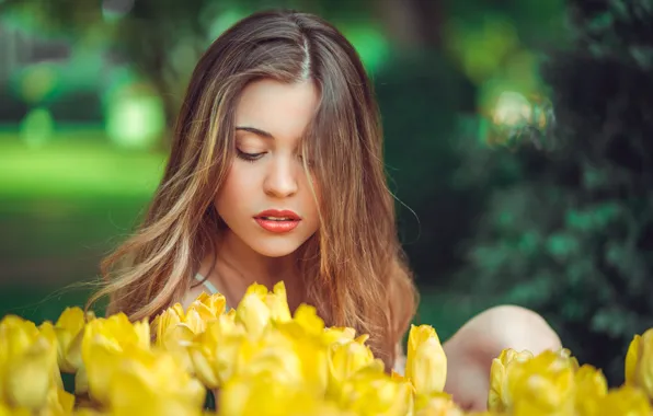 Девушка, цветы, парк, фото, тюльпаны, боке, Marco Squassina, Sara Bianchi