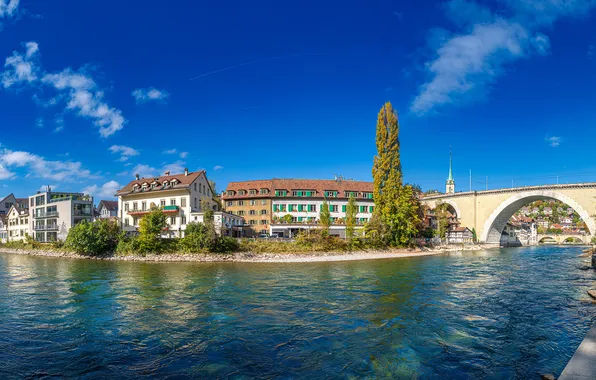 Небо, деревья, мост, река, дома, Швейцария, Switzerland, Берн