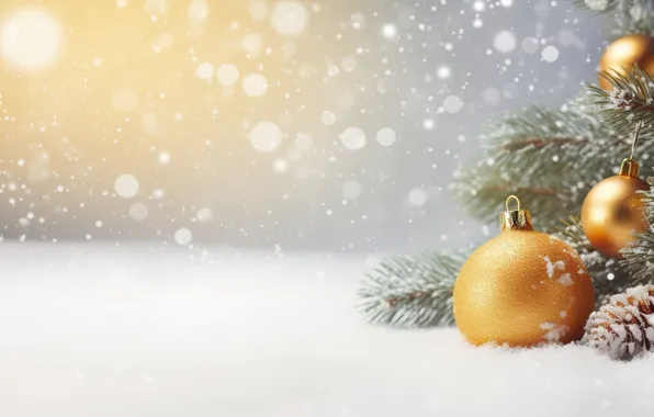 Картинка зима, снег, украшения, шары, Новый Год, Рождество, golden, new year
