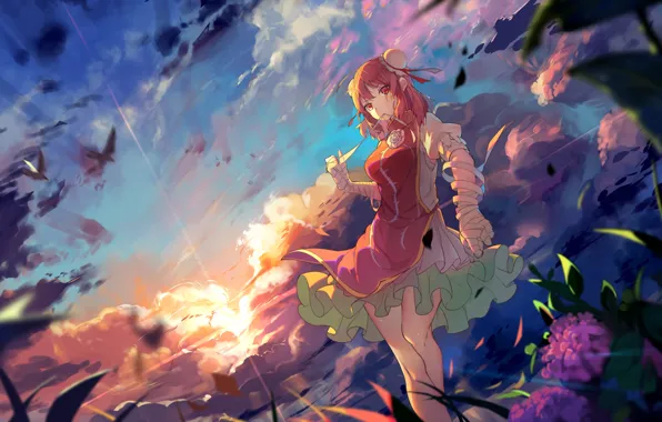 Картинка небо, девушка, облака, закат, цветы, аниме, арт, touhou