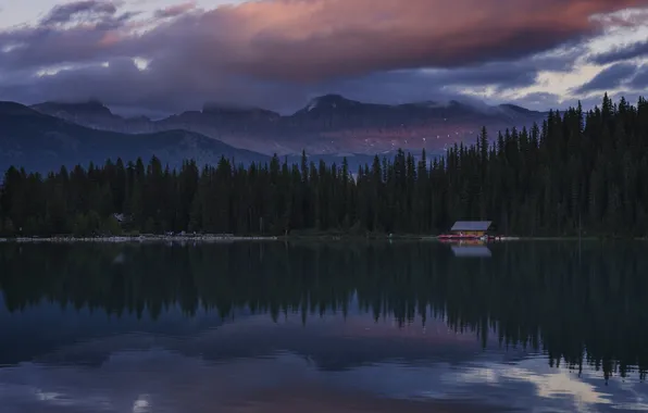 Картинка лес, закат, озеро, Alberta, Lake Louise