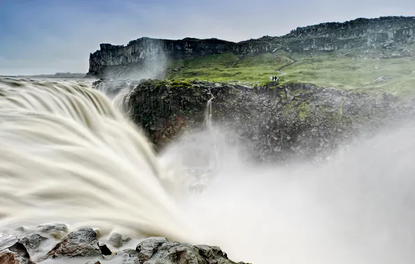 Небо, вода, брызги, скалы, водопад, поток, Исландия, Национальный парк Ватнаекуль
