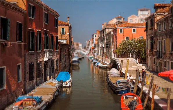 Картинка мост, люди, дома, лодки, утро, hdr, Италия, Венеция