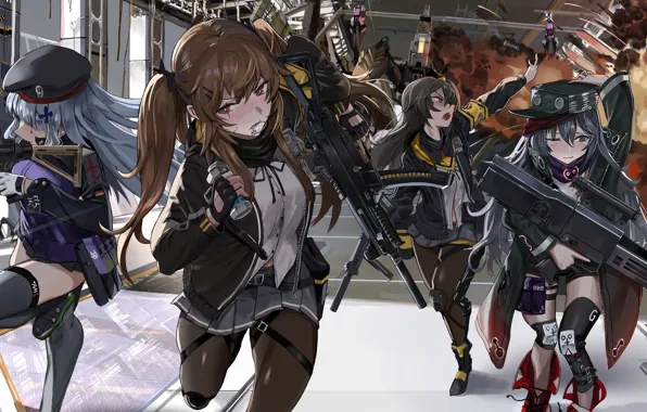 Оружие, девушки, дым, взрывы, бегут, Girls Frontline, Девушки фронта