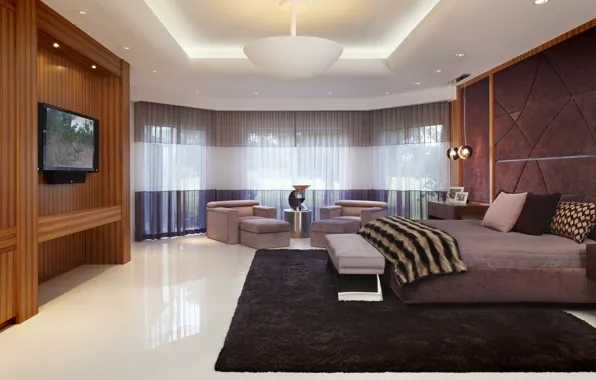 Кровать, интерьер, кресла, шторы, спальня, interior, bedroom, телевизор.