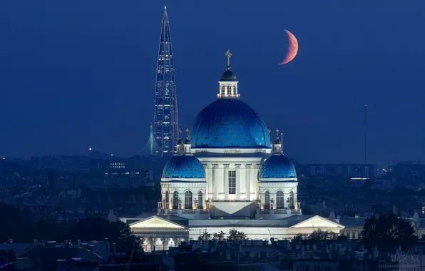 Луна, месяц, Санкт-Петербург, храм, Россия, ночной город, небоскрёб, Лахта-центр