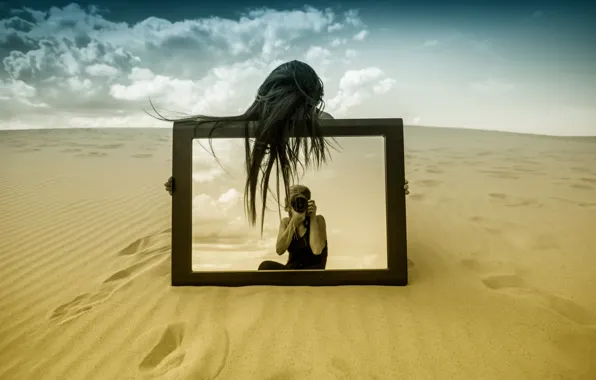 Песок, девушка, отражение, зеркало, фотограф