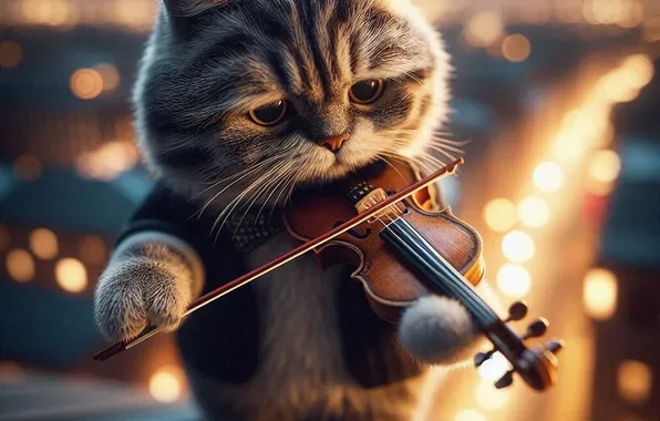 Кошка, кот, взгляд, поза, скрипка, мордашка, ИИ-арт, нейросеть