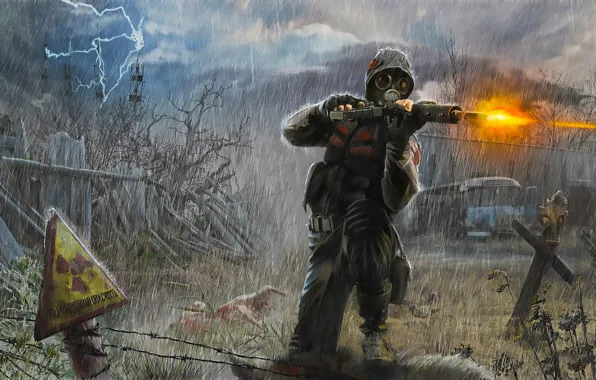 Картинка Stalker, Art, Rain, Soldier