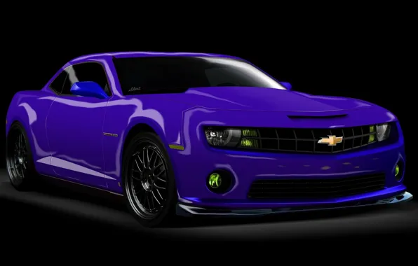 Chevrolet Camaro, Рендеринг, на черном фоне, фиолетовый авто, картинка 3D