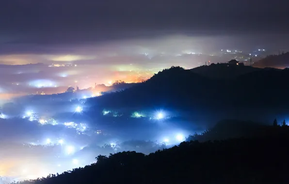 Картинка пейзаж, ночь, город, туман