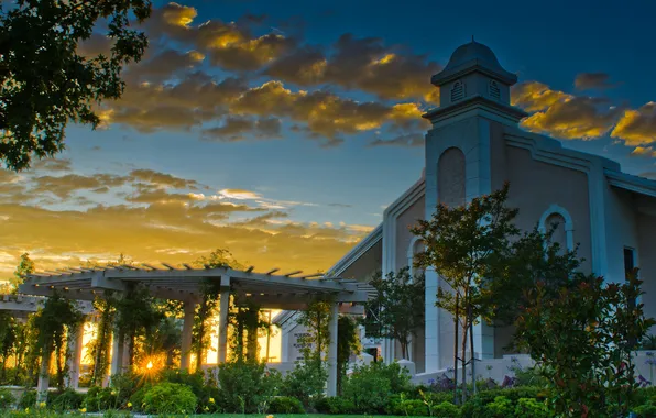 Картинка закат, Калифорния, церковь, США, лучи солнца