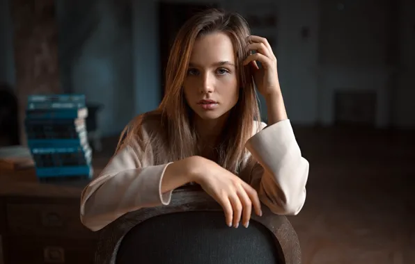 Взгляд, девушка, свет, лицо, поза, ретро, стол, комната
