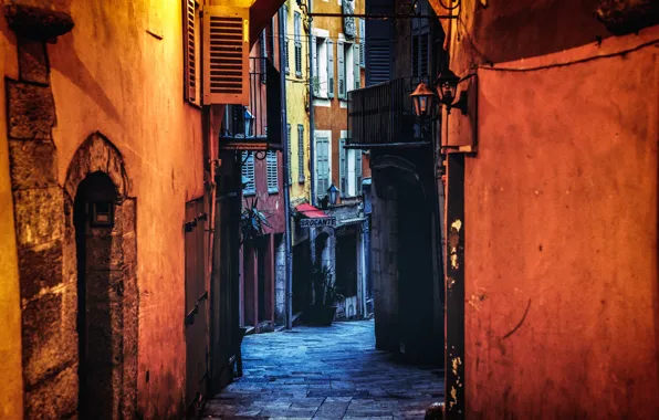 Light, France, evening, street, houses, Grasse
