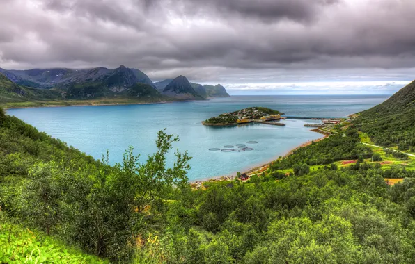 Море, зелень, деревья, горы, тучи, побережье, остров, HDR