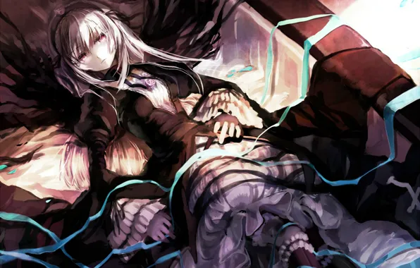 Ленты, кукла, голубые, черное платье, Suigintou, девы розена, Rozen Maiden, длинные белые волосы