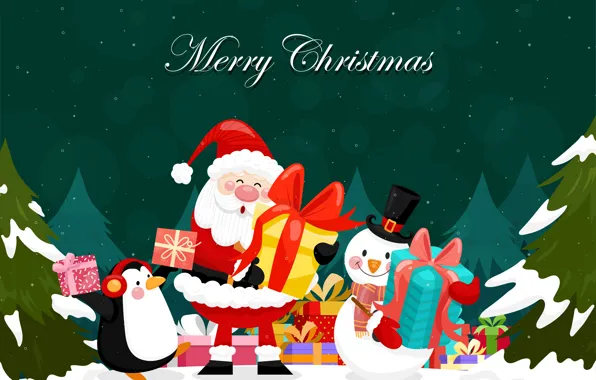 Картинка Улыбка, Рождество, Новый год, Праздник, Merry Christmas, Пингвин, Подарки, Санта-Клаус