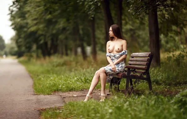 Зелень, грудь, трава, девушка, деревья, скамейка, поза, парк
