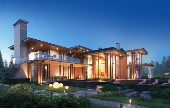 Фонари, дорожка, зонты, строение, Visualization of the Villa