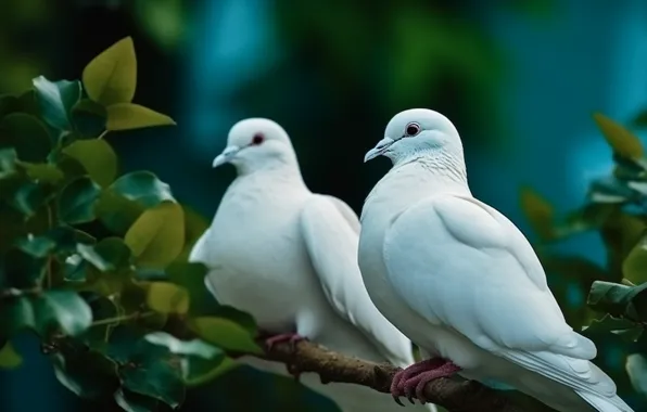Белый, взгляд, листья, птицы, природа, поза, голубь, ветка