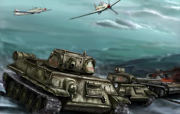 Картинка война, рисунок, бой, арт, танки, самолёты, наступление, Т-34-76